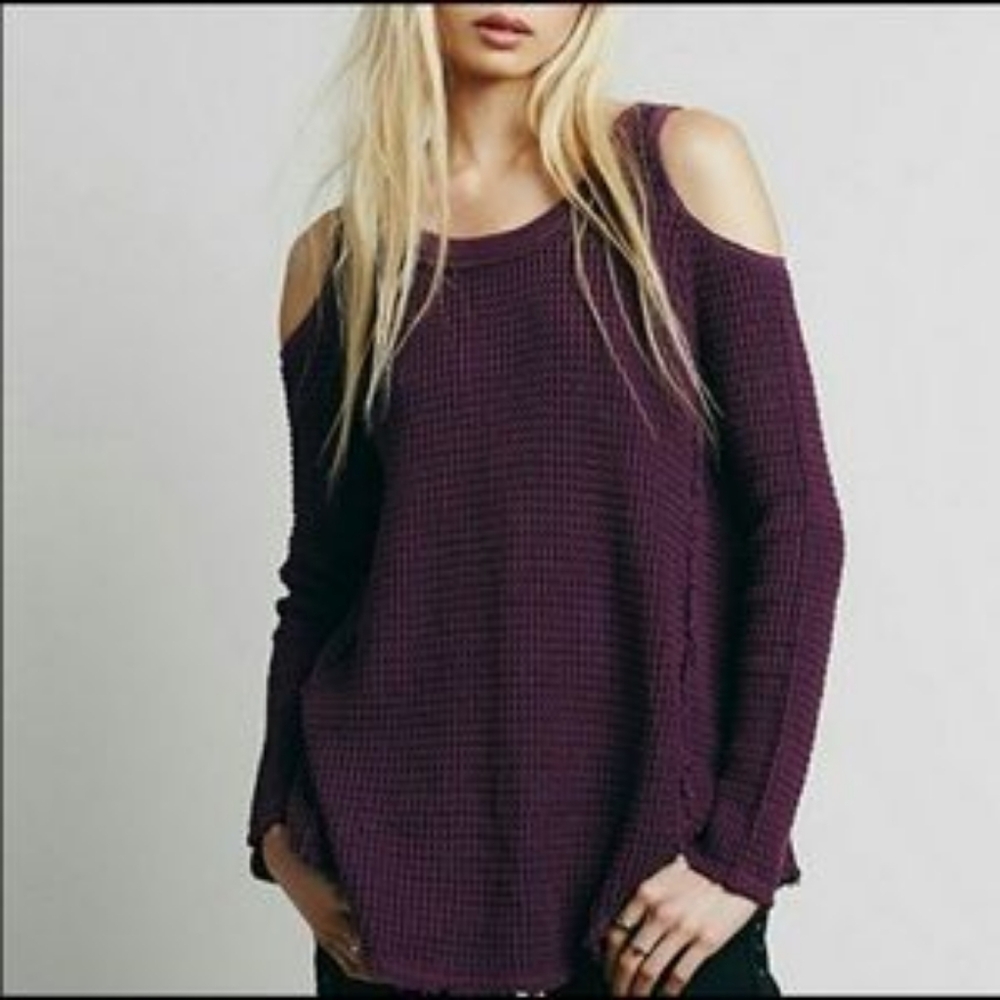 Free People Purple Sunrise Cold Shoulder Waffle Knit Sweater Size Large